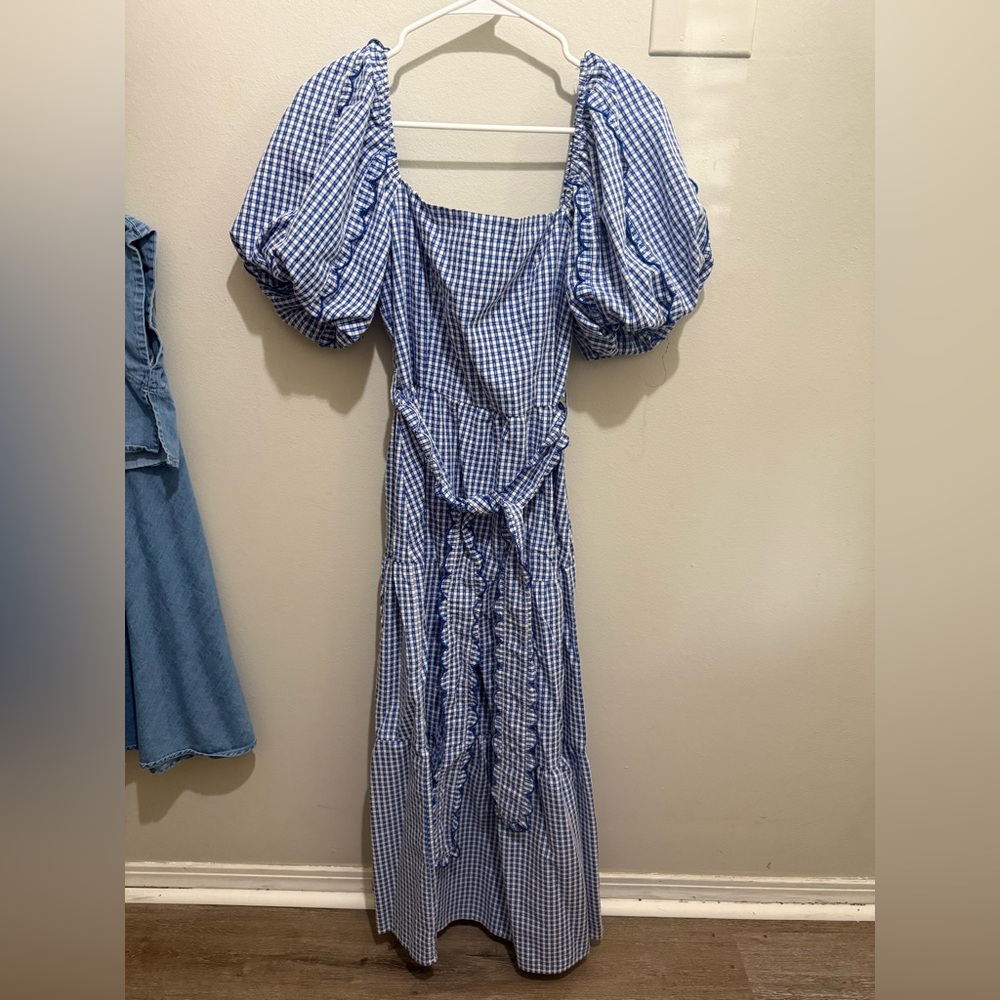 Peach Love California Blue Checkered Maxi Dress